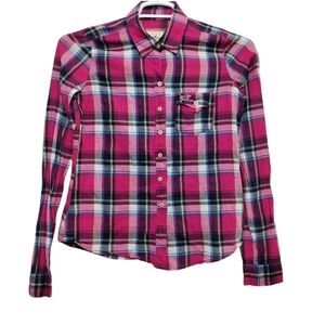 Hollister Womens S Plaid Long Sleeve Button Up Shirt Cotton Pocket Preppy